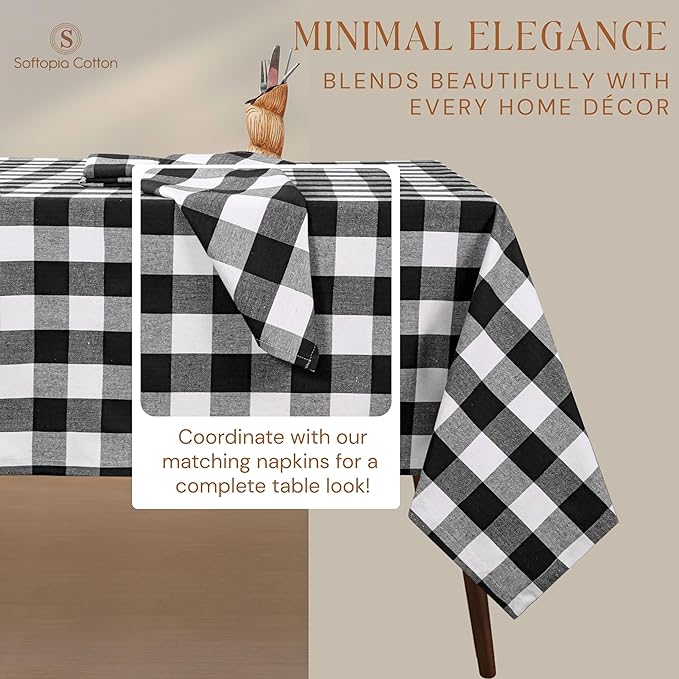 Buffalo Plaid Check 52"x70" Tablecloth 100% Cotton Washable Rustic Rectangle Table Cover Decorative for Gifts, Dining, BBQ, Buffet Parties & Camping - Black
