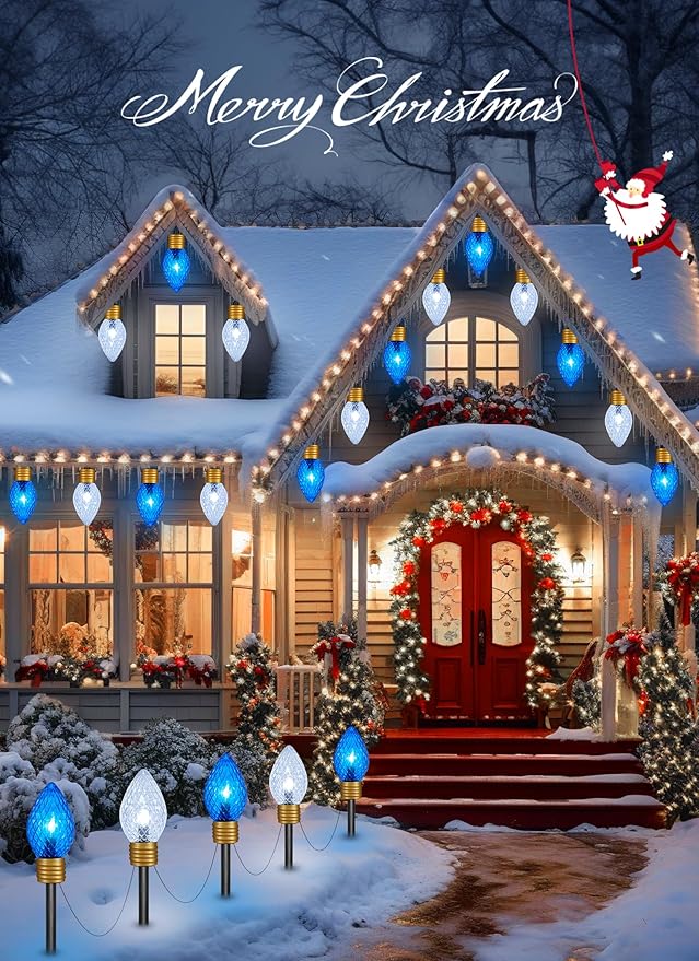 Brightown Strawberry Jumbo C9 Christmas Pathway Lights Outdoor -2 Pack Total 17 Feet 10 LED Jumbo C9 Walkway Lights, Christmas Light Outdoor Decorations for Lawn Outside Holiday, Blue & Pure White