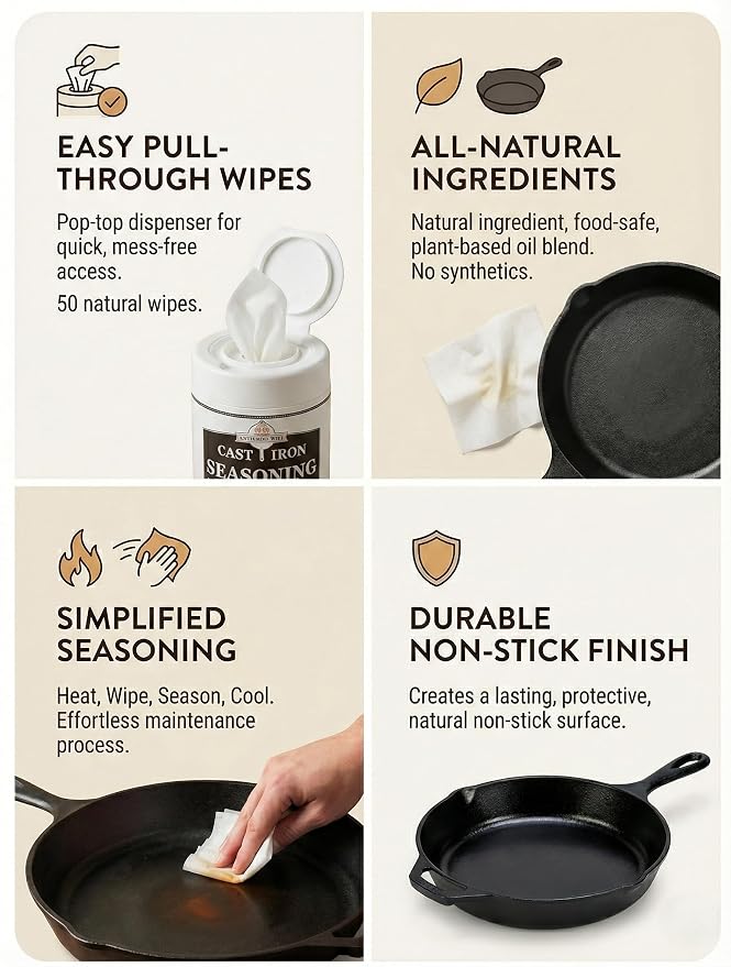 Cookware Care Cast Iron Seasoning & Cleaning Oil Wipes – Seasons, Cleans & Conditions Cast Iron Skillet, Carbon Steel & Blackstone Griddle | 50 Wipes, Made in USA with Grapeseed Oil (1 Pack)
