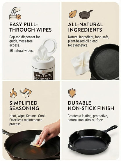 Cookware Care Cast Iron Seasoning & Cleaning Oil Wipes – Seasons, Cleans & Conditions Cast Iron Skillet, Carbon Steel & Blackstone Griddle | 50 Wipes, Made in USA with Grapeseed Oil (1 Pack)