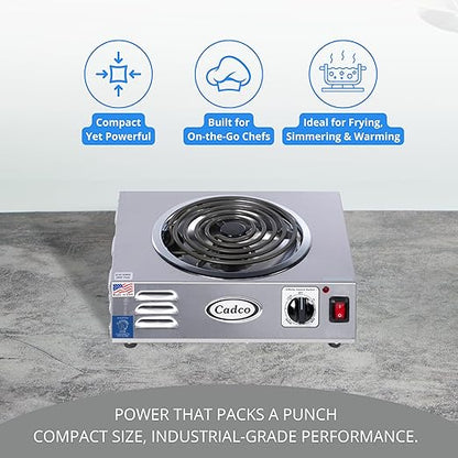 Cadco CSR-3T 14" Electric Portable Countertop Hi-Power Hot Plate with One Tubular Burner, Stainless Steel, 220 Volts