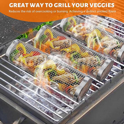 KAYCROWN Rolling Grill Baskets for Outdoor Grilling 2 Pack, BBQ Grill Baskets Stainless Steel Grill Mesh 12 Inches, Grill BBQ Net Tube Stainless Steel Barbecue Grill Accessories, (2 Large)