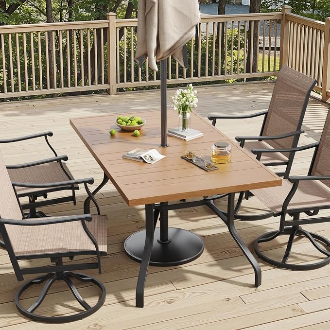 Outdoor Patio Table with 1.57" Umbrella Hole, 60"x35" Outdoor Dining Table Wood-Like Texture, All-Weather Metal Frame Patio Dining Tables for Poolside, Deck, Proch