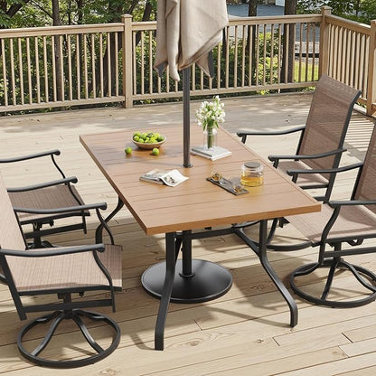 Outdoor Patio Table with 1.57" Umbrella Hole, 60"x35" Outdoor Dining Table Wood-Like Texture, All-Weather Metal Frame Patio Dining Tables for Poolside, Deck, Proch