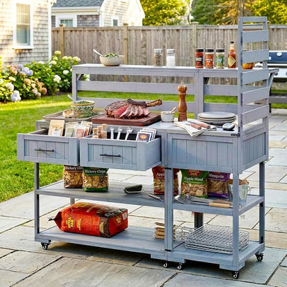 62.3'' Outdoor Kitchen Island with Stainless Steel Top and Raised Shelf, Potting Bench with Drawers and Wheels, Grill Prep Table for BBQ, Patio, Party (Grey Blue)