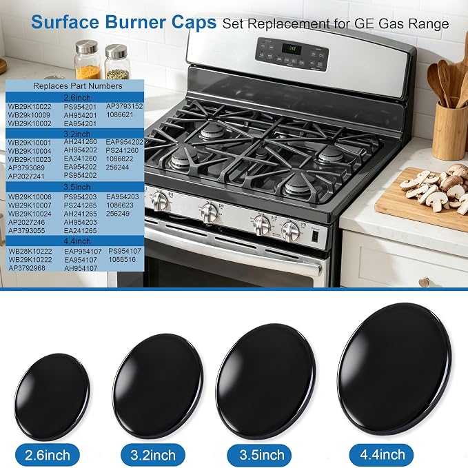 Upgraded 4PCS Surface Burner Caps Set Fits for GE&Hotpoint&Haier 30" Gas Range/Cooktop,WB29K10022-1 Small Cap WB29K10023-1 Medium Cap WB29K10024-1 Large Cap WB28K10222-1 XLarge Cap,Shiny Black Surface