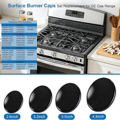 Upgraded 4PCS Surface Burner Caps Set Fits for GE&Hotpoint&Haier 30" Gas Range/Cooktop,WB29K10022-1 Small Cap WB29K10023-1 Medium Cap WB29K10024-1 Large Cap WB28K10222-1 XLarge Cap,Shiny Black Surface
