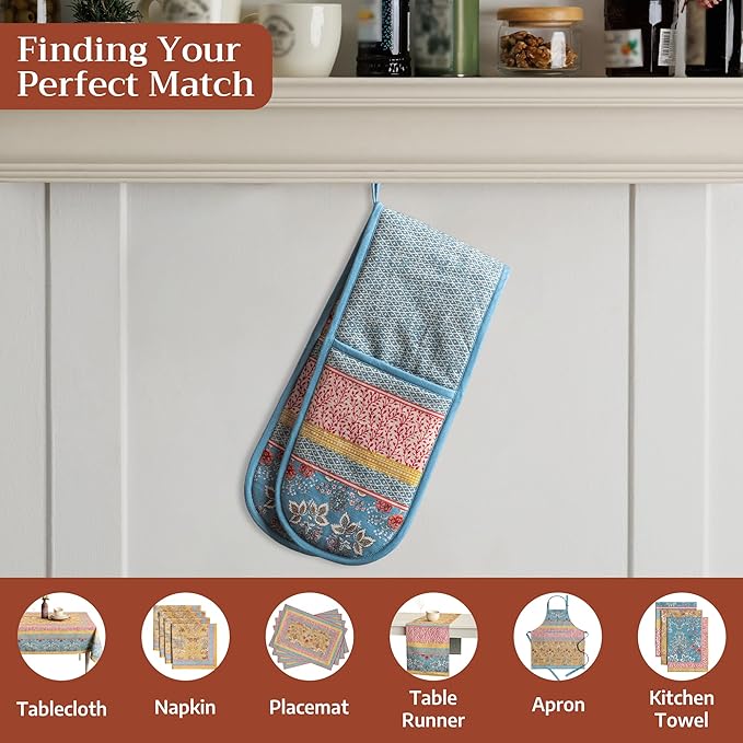 Maison d' Hermine Double Oven Mitts 100% Cotton 7"x35" Double Oven Mitt Heat Resistant BBQ Cooking Gloves with Loop Baking Grilling Kitchen Hotel Home Farmhouse Spring Summer (Marquise)