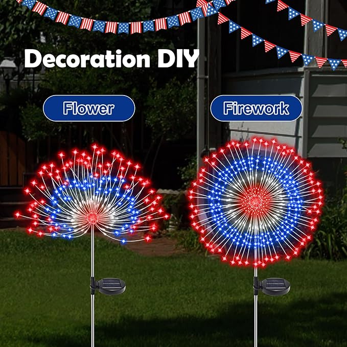 4th of July Decorations Solar Fireworks Lights, 4 Pack 180LED Red White Blue Lights with 8 Modes, Waterproof Solar Garden Light Outdoor for Memorial Day, Fourth of July, Patriotic Decorations