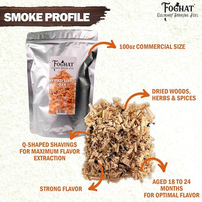 Foghat Cocktail Smoker Wood Chips - 100oz Whiskey Barrel Oak Shavings for Smoker, Bourbon & Drink Infuser Kit - All Natural, Culinary Wood Smoking Chips