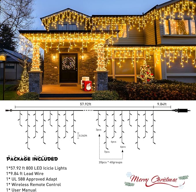 JMEXSUSS Christmas Icicle Lights for Outside,800 LED Warm White | Icicle Lights Plug in Outdoor Waterproof , String Lights for House Eave Wedding Party Christmas Decoration