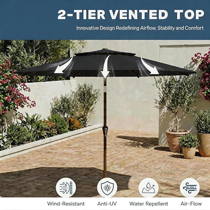 Patio Umbrella, 2 Tier Outdoor Table Umbrella, Large Vented Market Umbrellas with Push Button Tilt and Crank, 8 Sturdy Ribs for Backyard, Deck, Pool, UPF50+ UV Protection