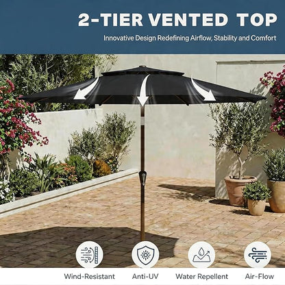 Patio Umbrella, 2 Tier Outdoor Table Umbrella, Large Vented Market Umbrellas with Push Button Tilt and Crank, 8 Sturdy Ribs for Backyard, Deck, Pool, UPF50+ UV Protection