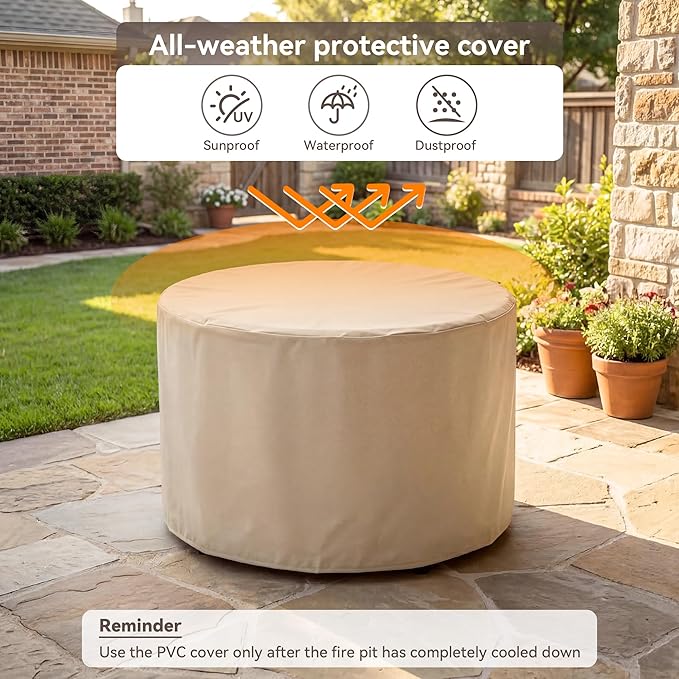 COSIEST Outdoor Propane Concrete Fire Pit Table w Imitation Stone Surface 32-inch Round Fire Table, Certified, 40,000 BTU Stainless Steel Burner, Free Lava Rocks, Fits 20lb Tank Inside
