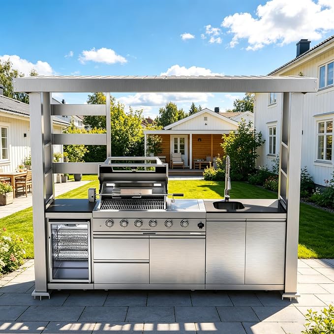 110" Outdoor Kitchen Island with 4-Burner 72000 BTU,Heavy-Duty Propane Grill with Side Burner,Rotisserie Oven,Galvanized Steel Roof,Granite Countertops,Refrigerator,Storage Cabinets,Sink(Propane Gas)