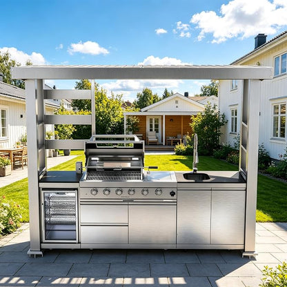 110" Outdoor Kitchen Island with 4-Burner 72000 BTU,Heavy-Duty Propane Grill with Side Burner,Rotisserie Oven,Galvanized Steel Roof,Granite Countertops,Refrigerator,Storage Cabinets,Sink(Propane Gas)