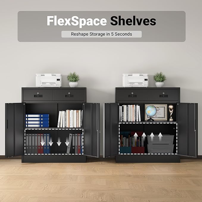 CJF Pantry Cabinet with 2 Drawer, Metal Pantry Storage Cabinets with Doors and 2 Adjustable Shelves, 36" H Locking Cabinet for Kitchen Storage, Home, Garage, Utility Room and Basement, Black