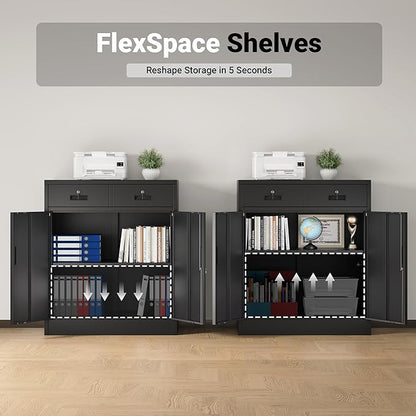 CJF Pantry Cabinet with 2 Drawer, Metal Pantry Storage Cabinets with Doors and 2 Adjustable Shelves, 36" H Locking Cabinet for Kitchen Storage, Home, Garage, Utility Room and Basement, Black