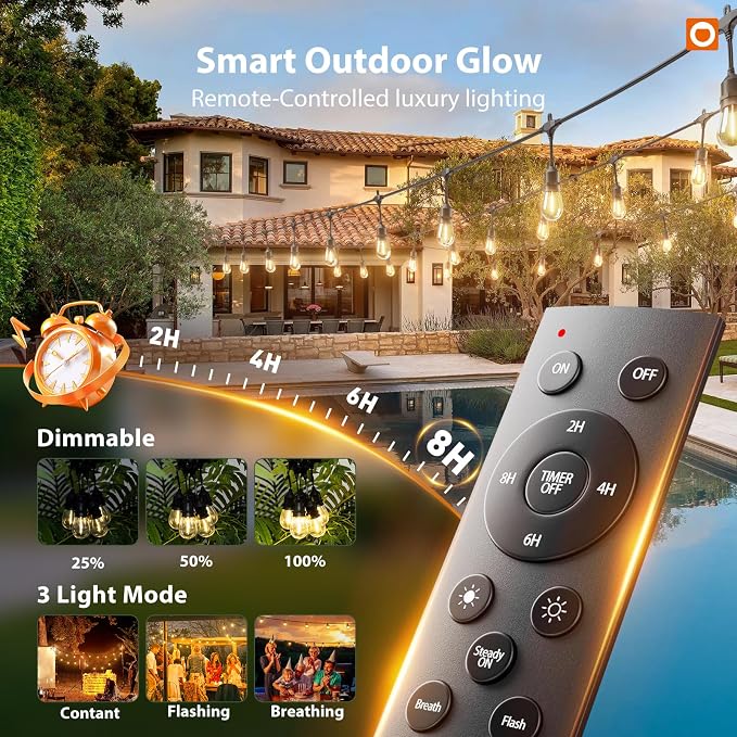 addlon 100FT Outdoor String Lights with Remote Dimmable Waterproof Patio | Warm White Edison Bulbs, Heavy Duty Shatterproof Hanging Strand for Outside Backyard Porch Garden Bistro Pergola Party