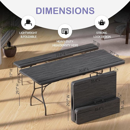 VSOAEIL 6 Foot Folding Picnic Table Set with 2 Benches, HDPE Tree Pattern Top, 3-Piece Portable Indoor Outdoor Furniture with Safety Locks & Handle for Party Camping, Black