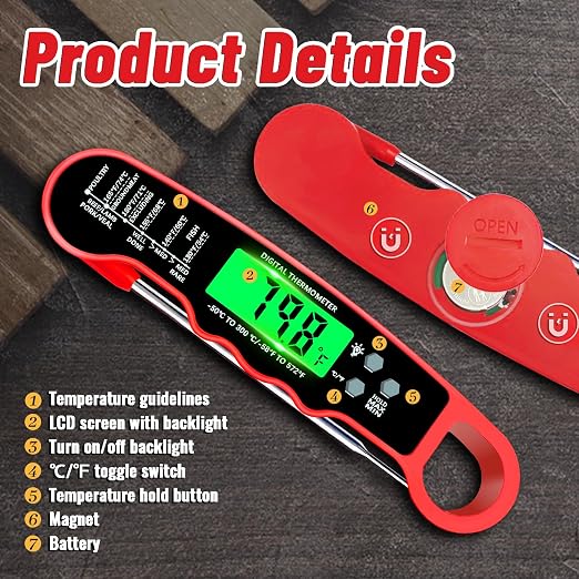 Meat Thermometer Digital, Instant Read Digital Meat Thermometer | IP67 Waterproof, Backlight, Hold Function, Magnet, LED screen, for Kitchen, Beef, Grill, BBQ, Candy, Turkey