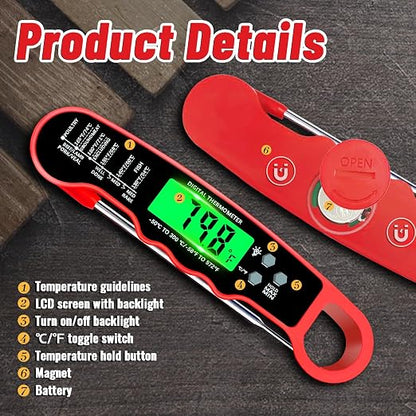 Meat Thermometer Digital, Instant Read Digital Meat Thermometer | IP67 Waterproof, Backlight, Hold Function, Magnet, LED screen, for Kitchen, Beef, Grill, BBQ, Candy, Turkey