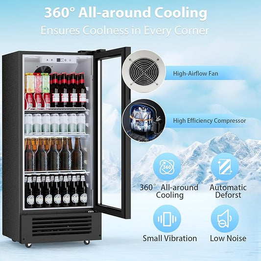 COWSAR Beverage Refrigerator Cooler, Freestanding 145 Can Beverage Refrigerator with Smart Temperature Control，6 CU FT Quiet Fridge with Lightbox for Bar, Office, Restaurant or Home, Black