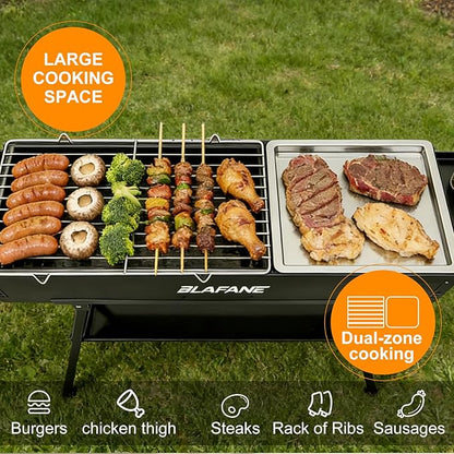 Charcoal Grill, Alloy Steel BBQ Barbecue Outdoor Grilling with Durable Support Frame and Dual Adjustable Vents for Tailgate Patio Beach Backyard(31.6x7.1x5.1 inch with Flat Grill Plate), Black