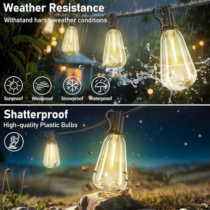 100FT Solar String Lights Outdoor Waterproof with 52 LED Edison Bulbs | Patio Lights with Remote, Timer, Solar Powered Outside Dimmable ST38 Hanging Lights for Porch Backyard Garden Camping Party