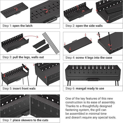 Charcoal Grill for 12 Skewers Charcoal Grill for 10 Skewers Portable Barbecue Camp Grills Foldable Metal Mangal BBQ for EDC Picnic Outdoor Cooking Camping Hiking