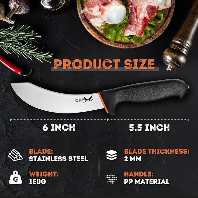 Golden Bird Professional Skinning Knife - 6 Inch Stainless Steel Meat Butcher, Multifunction Kitchen Knife, Meat Cutting Knives for Slaughter House