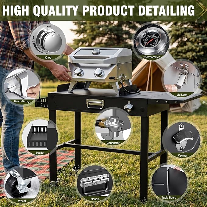 BESTFIRE 2-Burner Tabletop Propane Grill with Foldable Grill Cart, Portable Gas BBQ Station with Wheels & Prep Table, Dual-Fuel Setup for 1lb & 20lb Tanks, Stainless Steel Outdoor Kitchen for Camping