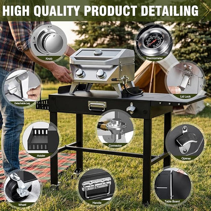 BESTFIRE 2-Burner Tabletop Propane Grill with Foldable Grill Cart, Portable Gas BBQ Station with Wheels & Prep Table, Dual-Fuel Setup for 1lb & 20lb Tanks, Stainless Steel Outdoor Kitchen for Camping