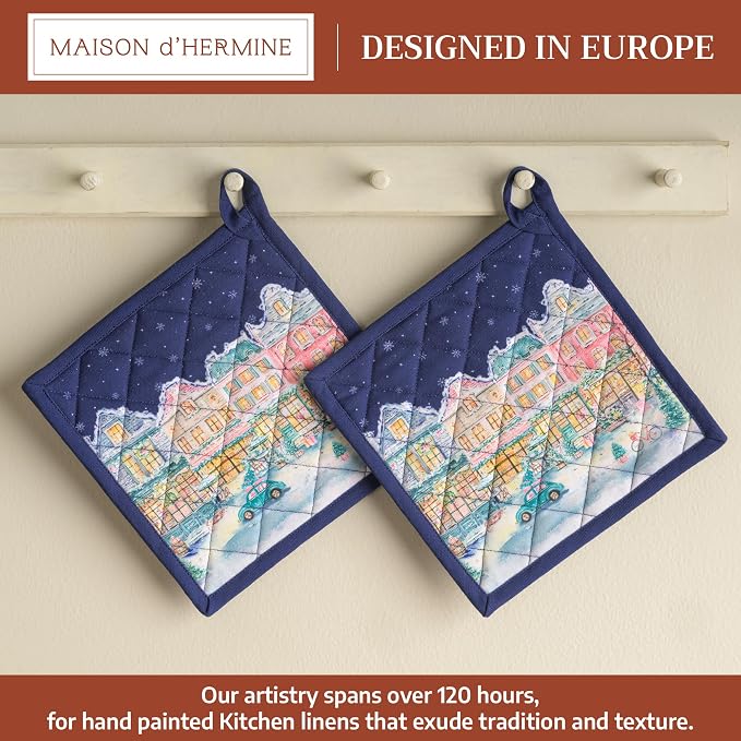 Maison d' Hermine Pot Holders 100% Cotton Potholders (8" x 8", Pack of 2) | Heat Resistant Hot Pads with Loop BBQ Cooking Kitchen Handling Hot Pans Thanksgiving Christmas - Christmas Market - Blue