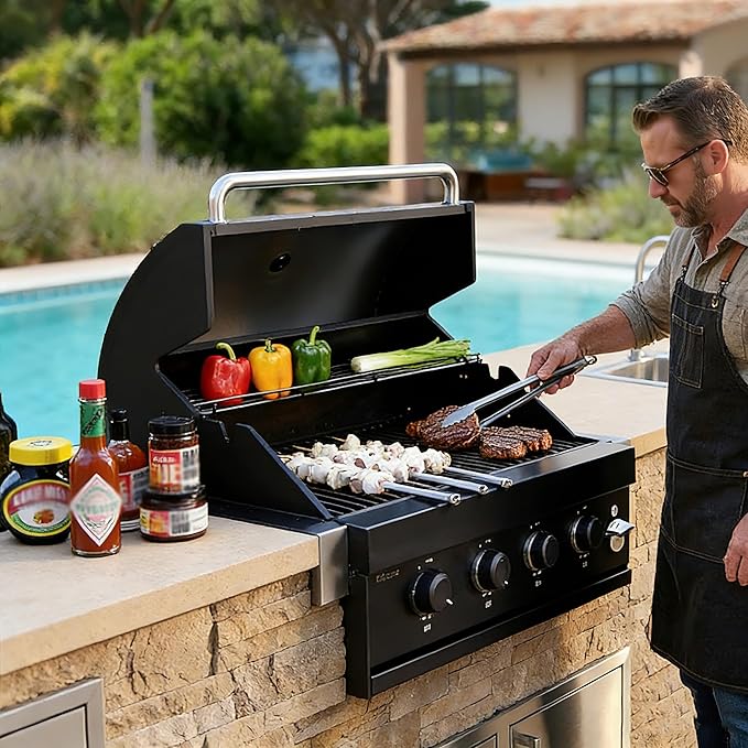 4-Burner Built-In Gas Grill, 30 Inch Super large barbecue area with 48,000 BTUs, Dual Fuel Charcoal & Gas Compatibility,Outdoor Kitchen Temperature Gauge