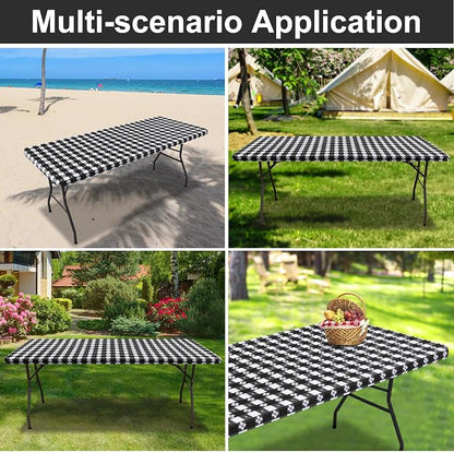 Rectangle Picnic Table Cloth, Waterproof Elastic Fitted Table Covers for 6 Foot Tables, Flannel Backed Plastic Vinyl Tablecloths for Camping, Dining and Indoor (Black & White+Grey & White)