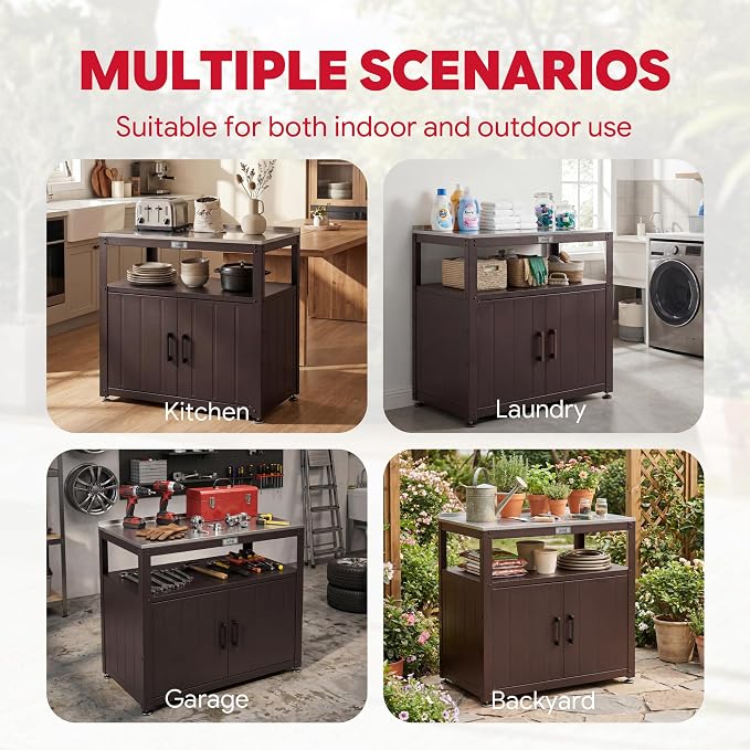 Feasto Metal Outdoor Potting Bench with Storage Cabinet for Garden Work | Durable Metal Cabinet & Stainless Steel Top, Open Middle Shelf, Raised Edge & Adjustable Feet, for Patio, Lawn & Greenhouse