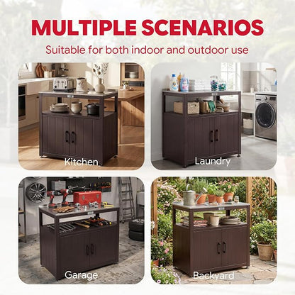 Feasto Metal Outdoor Potting Bench with Storage Cabinet for Garden Work | Durable Metal Cabinet & Stainless Steel Top, Open Middle Shelf, Raised Edge & Adjustable Feet, for Patio, Lawn & Greenhouse