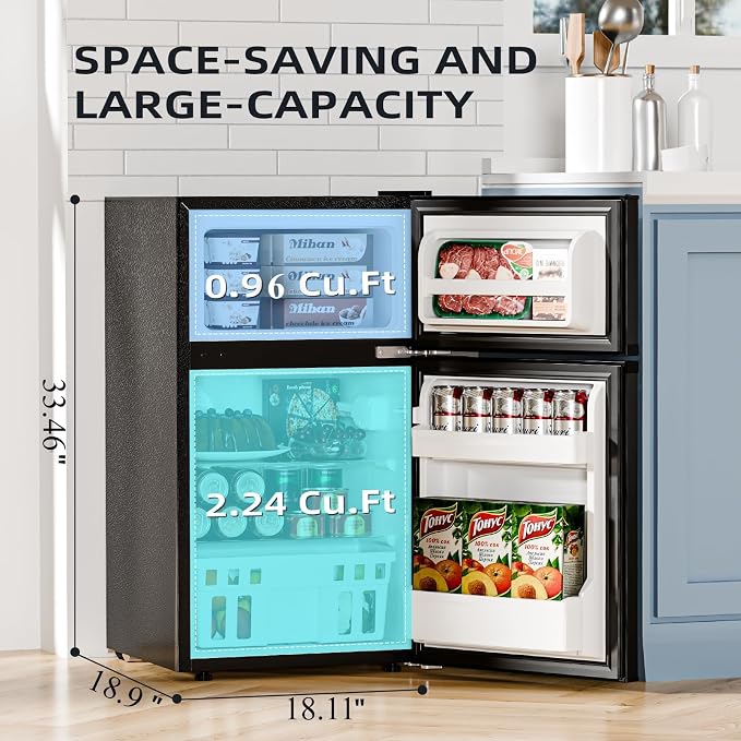 Kismile 3.2 Cu.Ft Mini Fridge with Freezer, 2 Door Dorm Refrigerator Black | Adjustable Thermostat, Removable Shelves, Food & Beverage Storage, Dorm Mini Fridge for Bedroom/ Office/ College/ Apartment