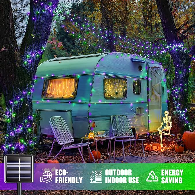 JMEXSUSS 2 Pack Solar Halloween Lights, Total 200LED 66FT, Purple and Green