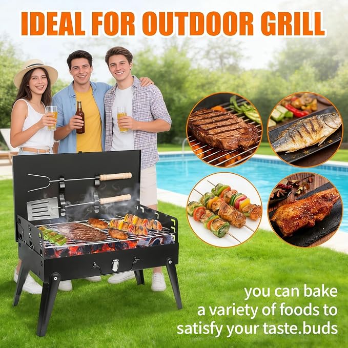 Mini Portable Charcoal Grill, Foldable Camping Mini Grill for Outdoor Cooking, Compact Design Barbecue Accessories with Barbecue Tools, Perfect for Beach, Backyard, Picnics