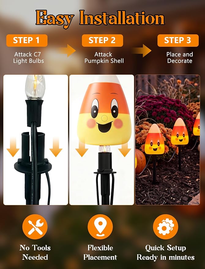 Halloween Candy Corn Pathway Lights Outdoor, 7Ft C7 LED Halloween Decorations Candy Corn Pathway String Lights Waterproof with 4 Stakes for Outdoor Garden Walkway Driveway Lawn Party Decor