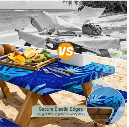 Picnic Table Cover Bench Covers Camping Essentials Tablecloth | Waterproof Vinyl for Outdoor, Windproof Elastic Fitted Edges, RV BBQ Accessories Must Haves, Storage Bag Included
