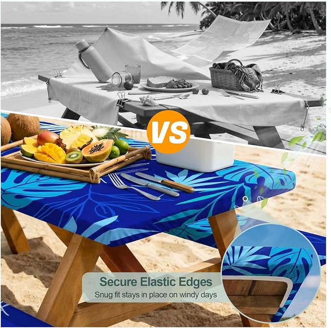 Picnic Table Cover Bench Covers Camping Essentials Tablecloth | Waterproof Vinyl for Outdoor, Windproof Elastic Fitted Edges, RV BBQ Accessories Must Haves, Storage Bag Included