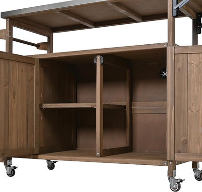 Christopher Knight Home Edsel Outdoor Bar Cart with Stainless Steel Top and Lockable Wheels, Solid Wood Outdoor Storage Cabinet, Kitchen Island Serving Cart for Poolside, Garden, Natural Brown+Silver