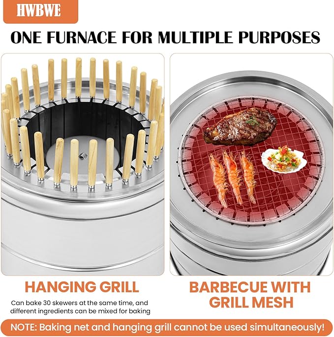 Portable Smokeless Charcoal Barbecue Grill with 30 Skewers and BBQ Cooking Grate, Stainless Steel Kebab Barrel Grill, 15.4 inch Diameter