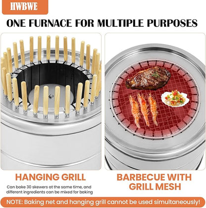 Portable Smokeless Charcoal Barbecue Grill with 30 Skewers and BBQ Cooking Grate, Stainless Steel Kebab Barrel Grill, 15.4 inch Diameter