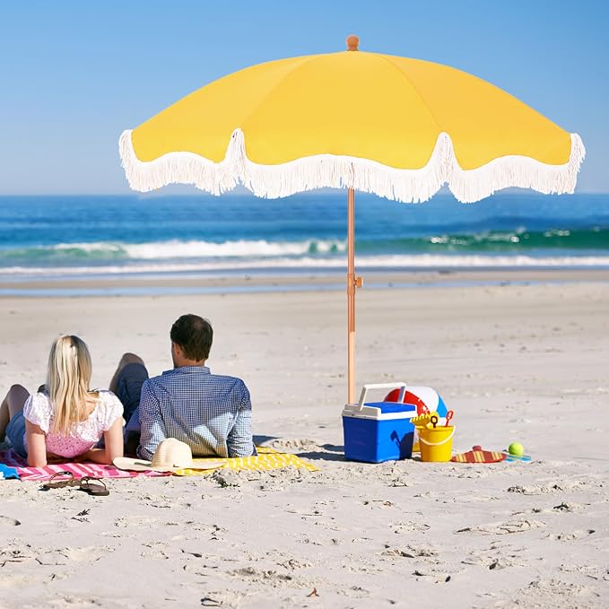 7ft Patio Beach Umbrella with Fringe, Outdoor Umbrella for Poolside, Yellow | MFSTUDIO Tassel Umbrellas UPF50+ with Sand Anchor & Tilt Button, Holiday Outdoor Umbrella with Carry Bag, Ideal for Garden