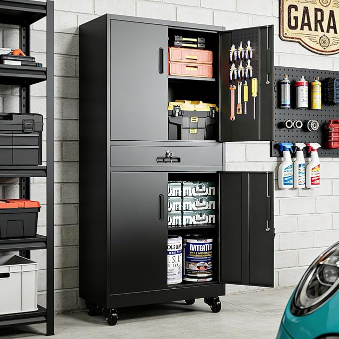 Metal Garage Storage Cabinet with Drawer and Pegboard Doors, 71'' Tall Storage Cabinet with Adjustable Shelves and Lock, Rolling Tool Cabinet on Wheels for Garage, Utility Room (Black)
