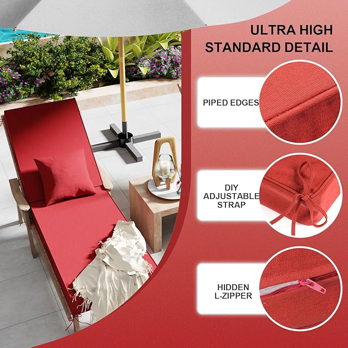 Outdoor Water-Resistant Olefin Chaise Lounge Cushions with Pillow, Weather and Fade Resistant Patio Furniture Lounge Chair Cushion Ideal for Patio, Lawn, Garden, Red, 80" L x 26" W x 5" T